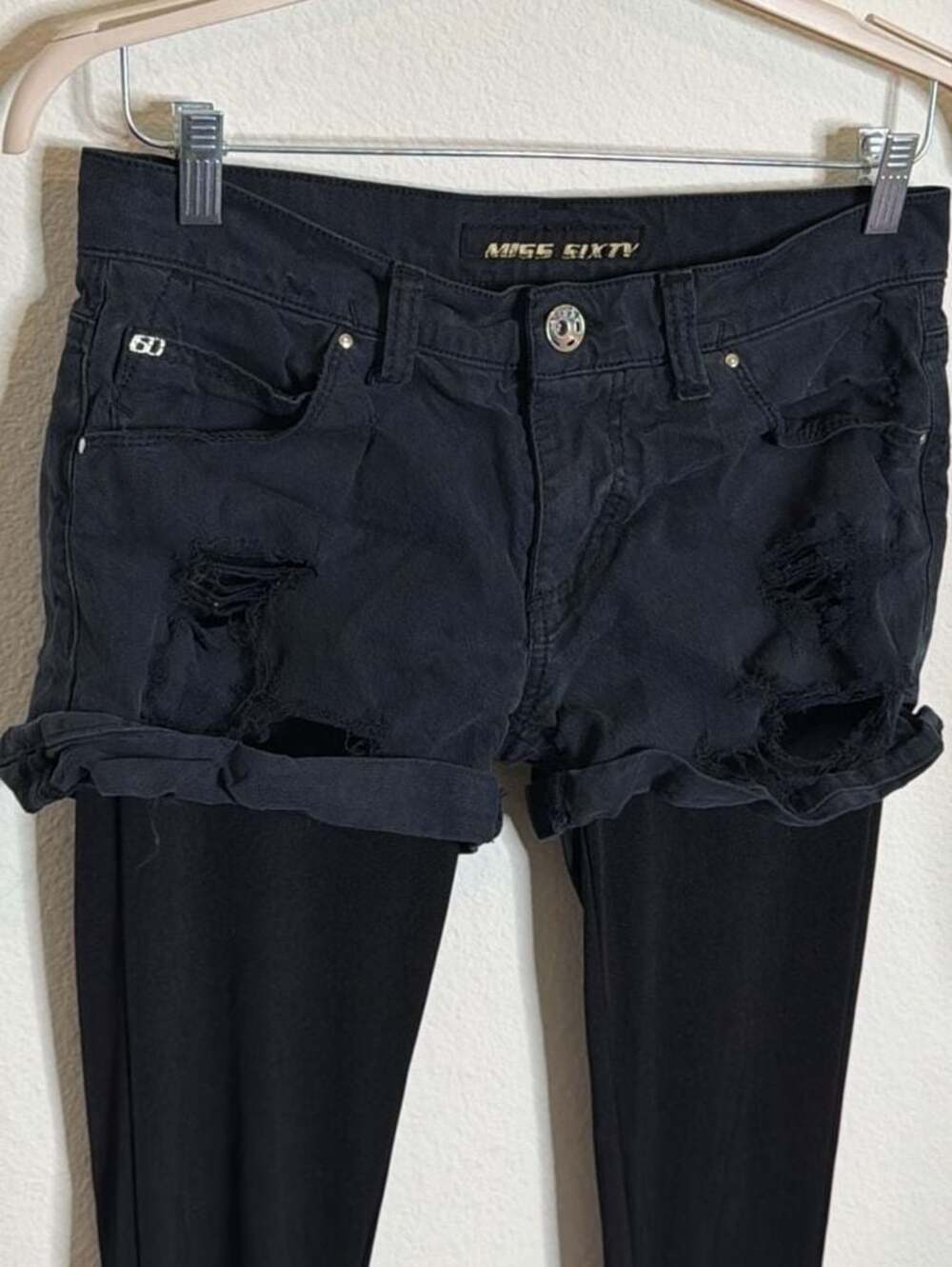 Miss Sixty Size 29 Black Distressed Denim Layered Legging Shorts